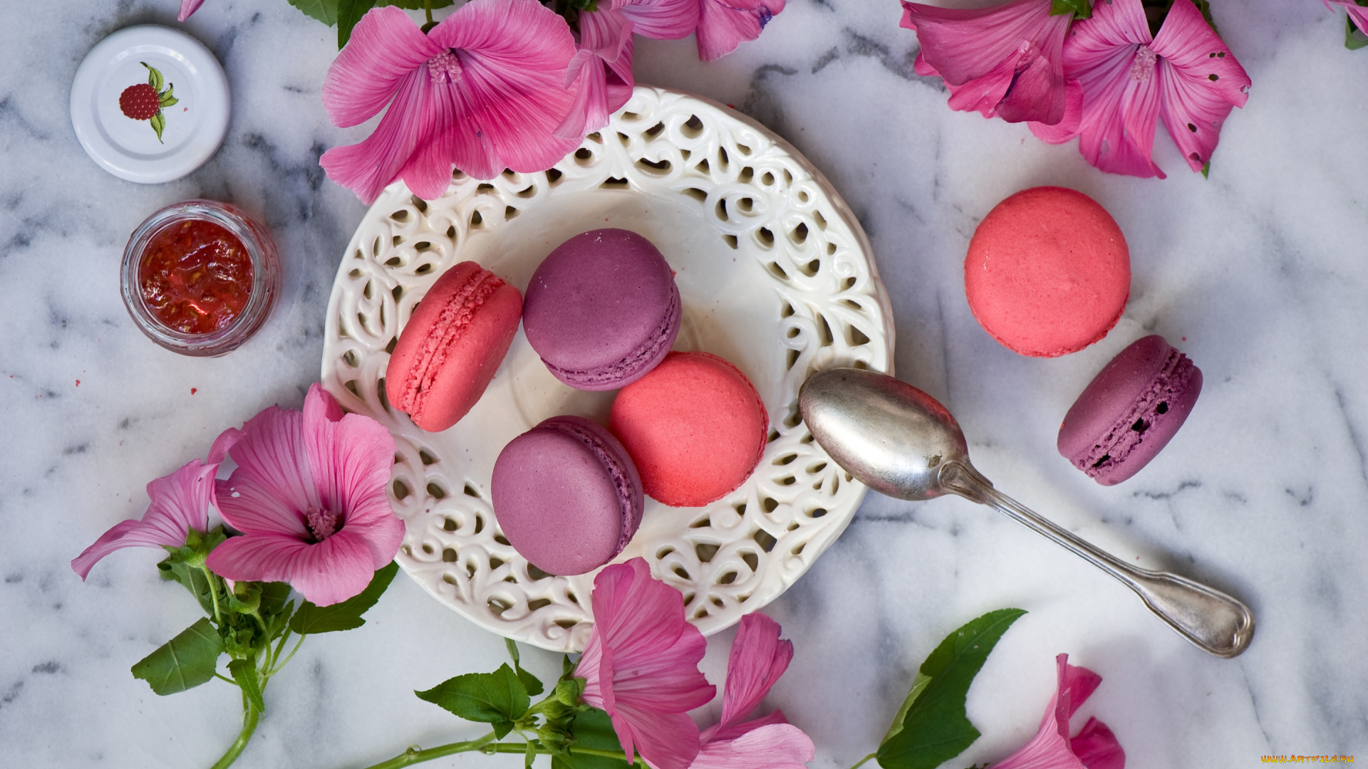 еда, макаруны, ложка, джем, печенье, цветы, макарон
