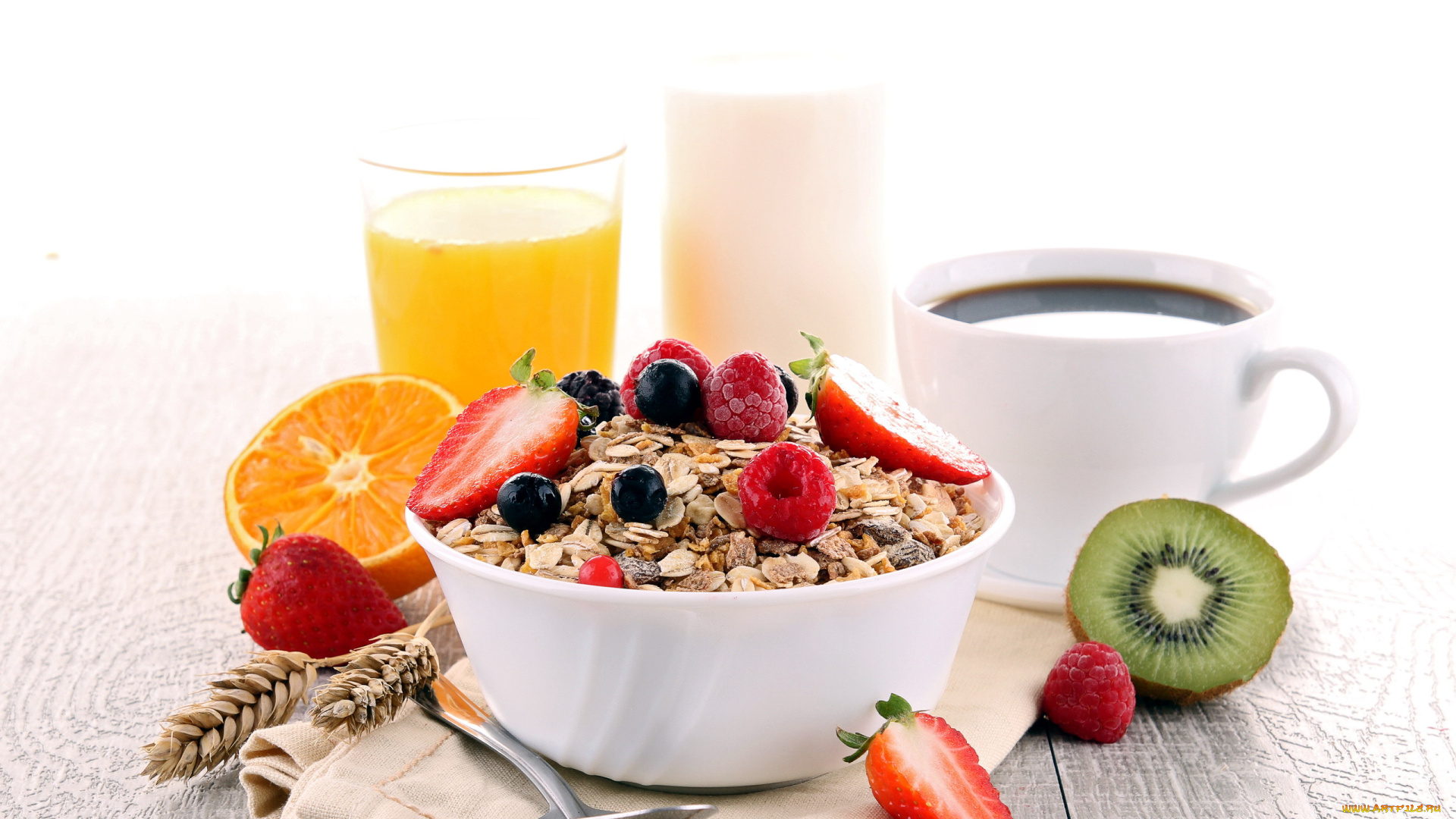 еда, мюсли, , хлопья, малина, клубника, апельсин, киви