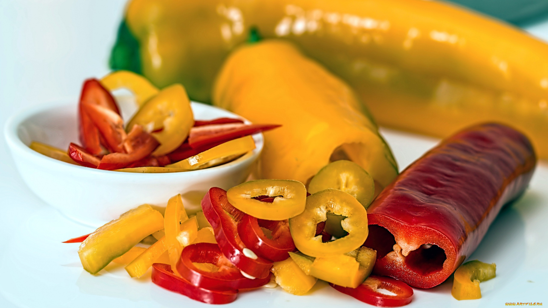 еда, перец, колечки, желтый, красный, стручки