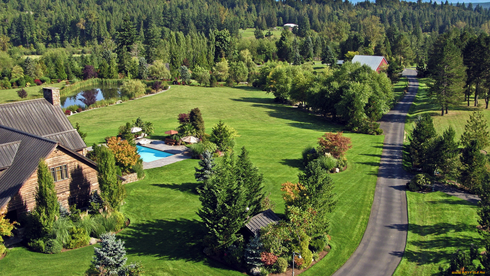 города, -, пейзажи, бассейн, деревья, дорога, дом, озеро