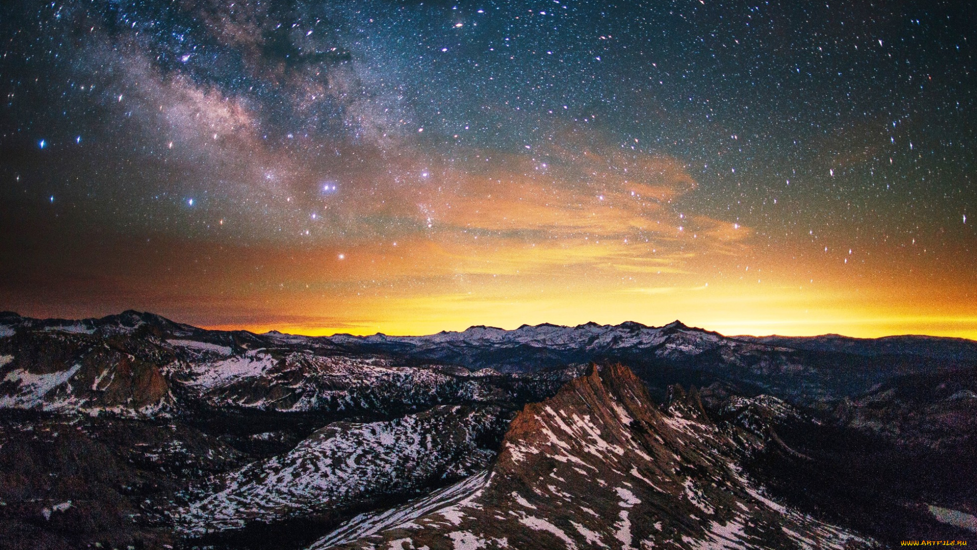 космос, галактики, туманности, звезды, небо, горы, закат, скалы