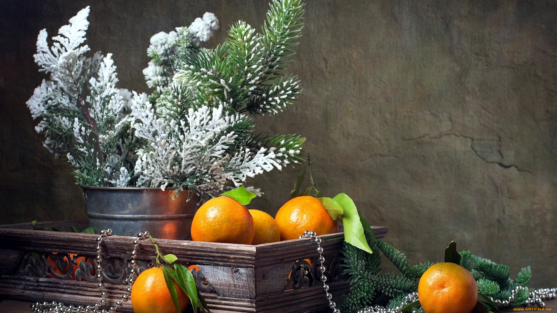 праздничные, угощения, цитрусы, мандарины, еловые, ветки, бусы