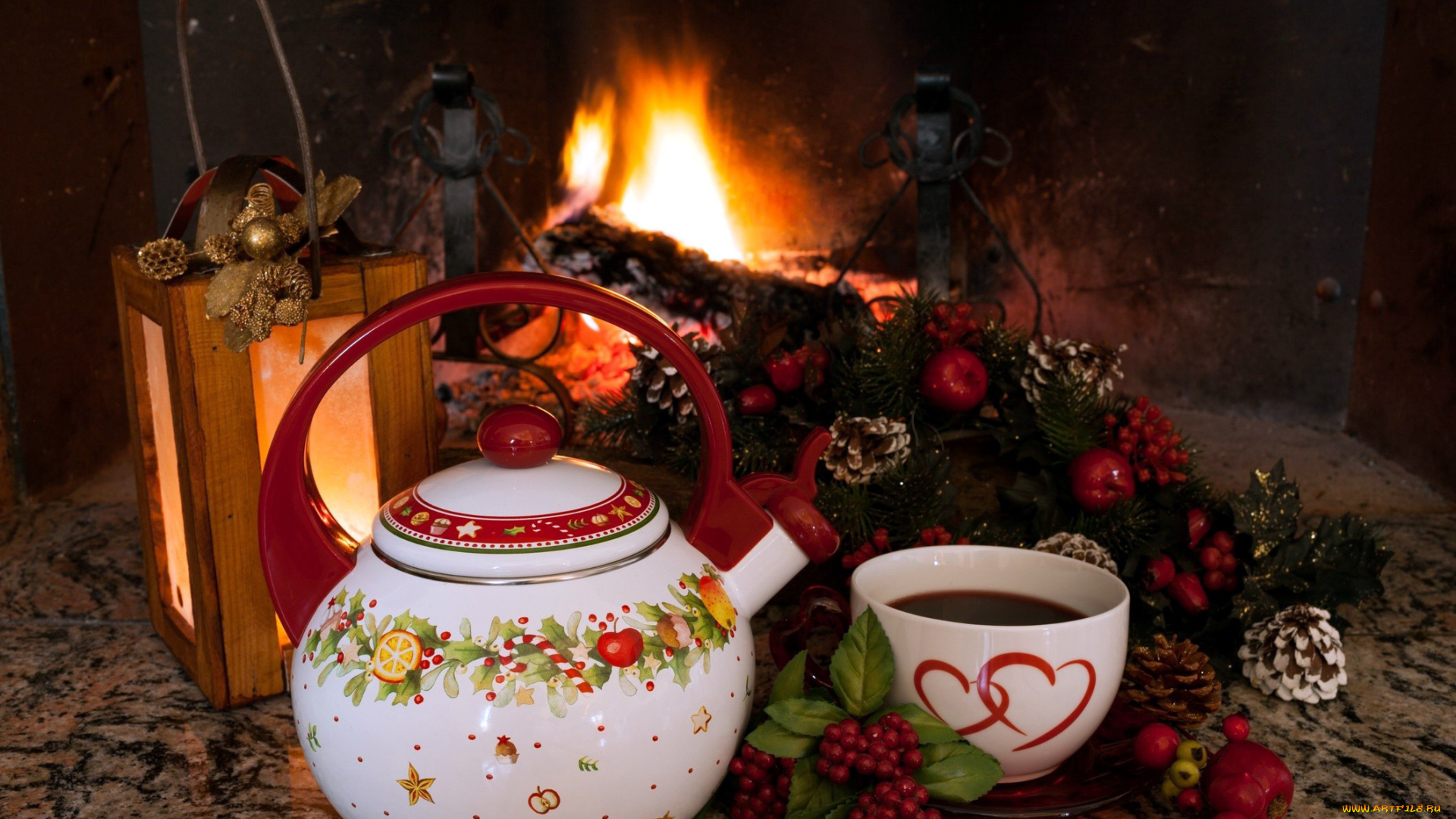 праздничные, угощения, фонарь, камин, шишки, чай, чашка, заварник, огонь