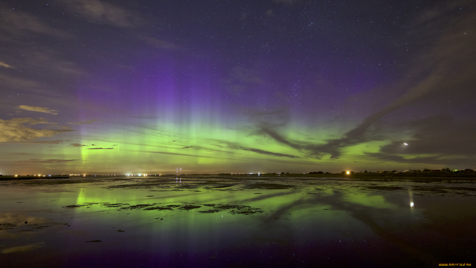 природа, северное, сияние, отражение, небо, звезды, северное, сияние, вечер