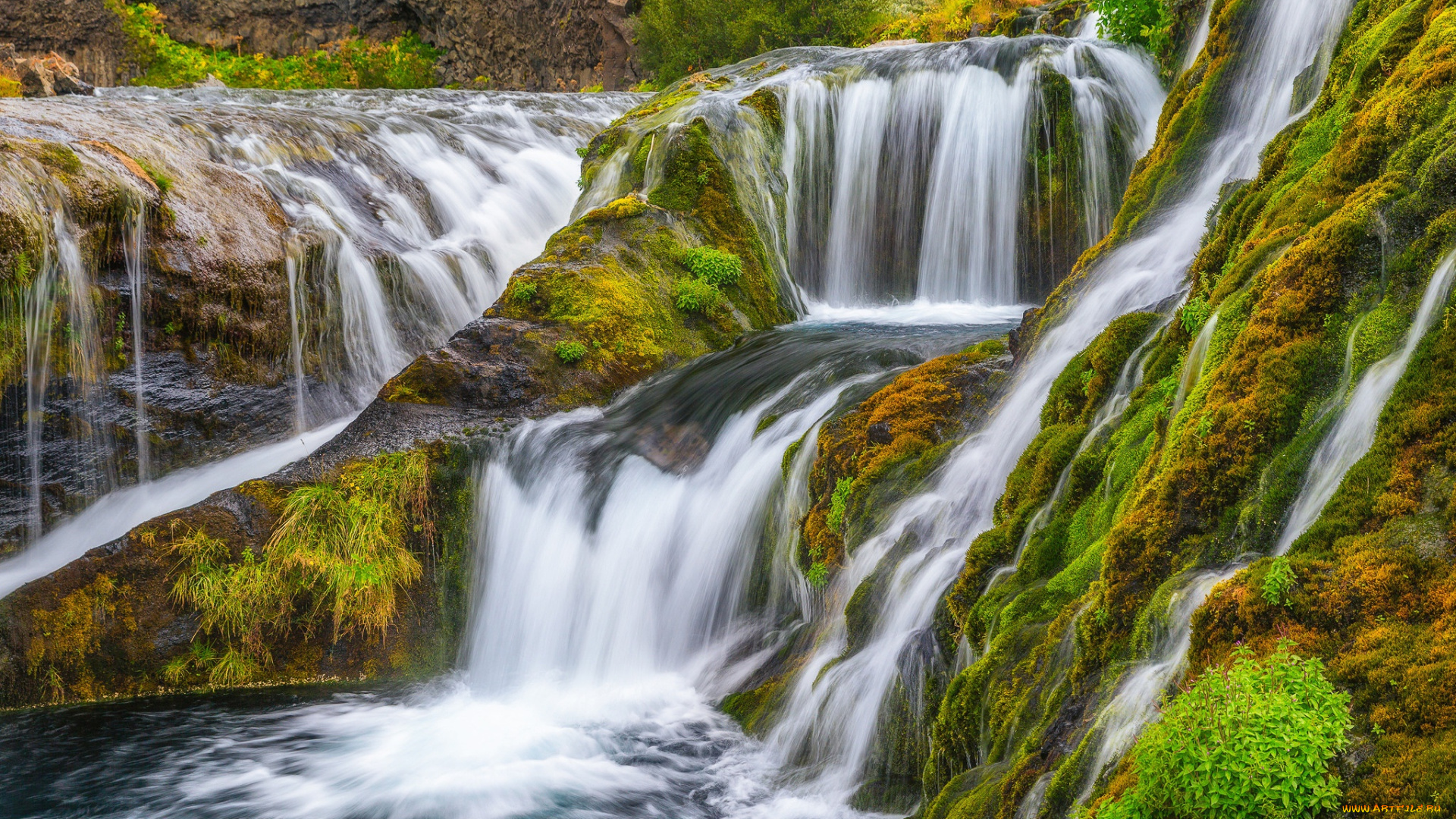 природа, водопады, мох, водопад, исландия, iceland, каскад