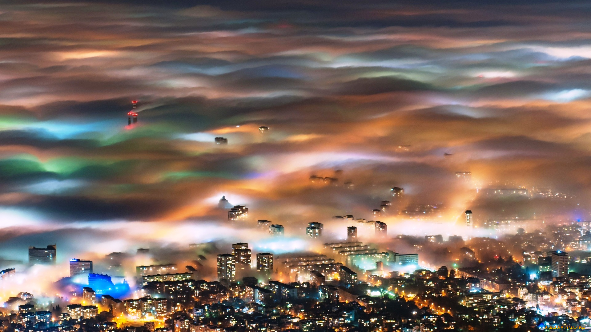 софия, , болгария, города, -, столицы, государств, огни, панорама, город, туман