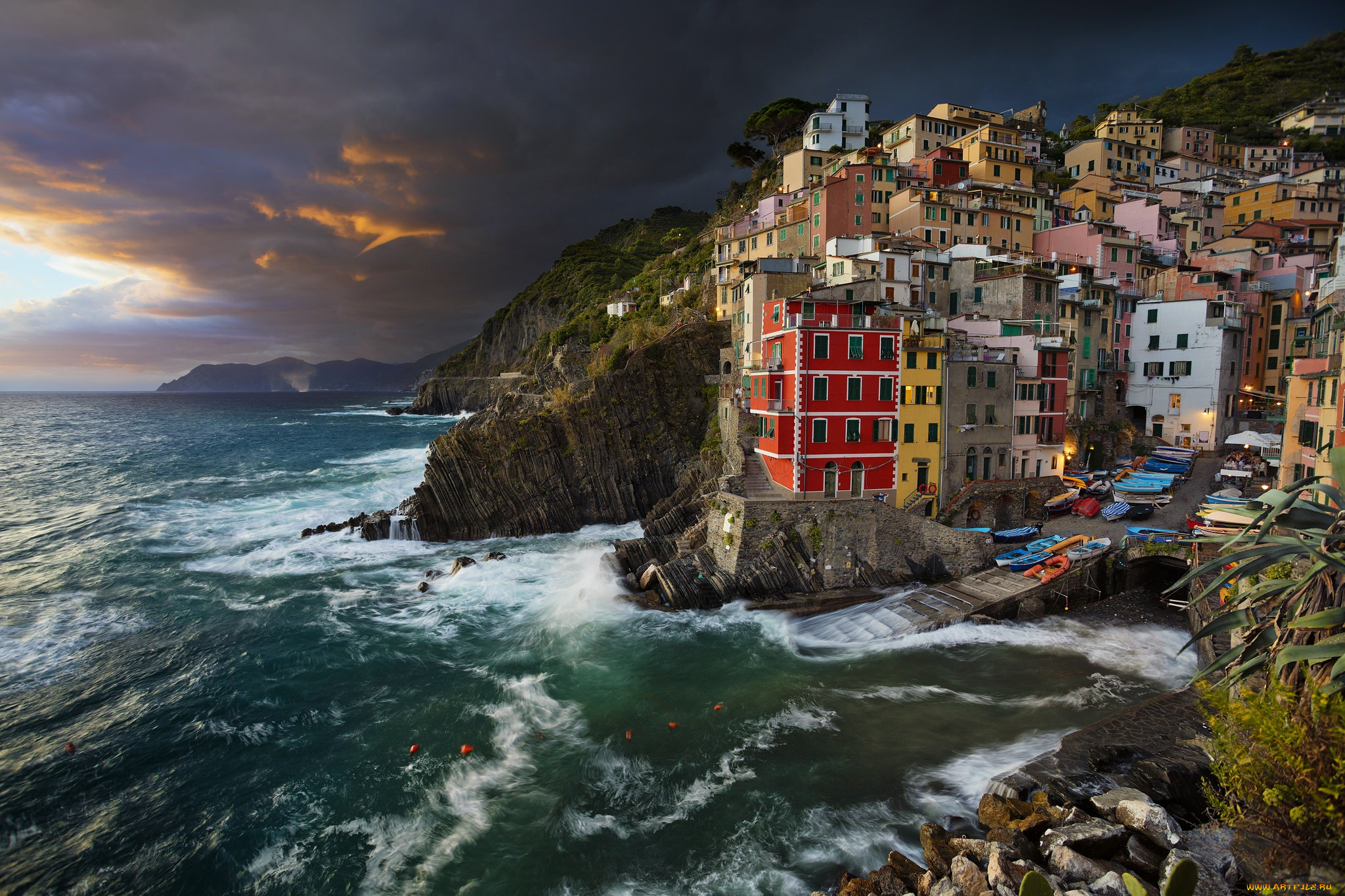 города, -, пейзажи, лигурийское, море, italy, ligurian, sea, liguria, лигурия, cinque, terre, риомаджоре, вечер, здания, побережье