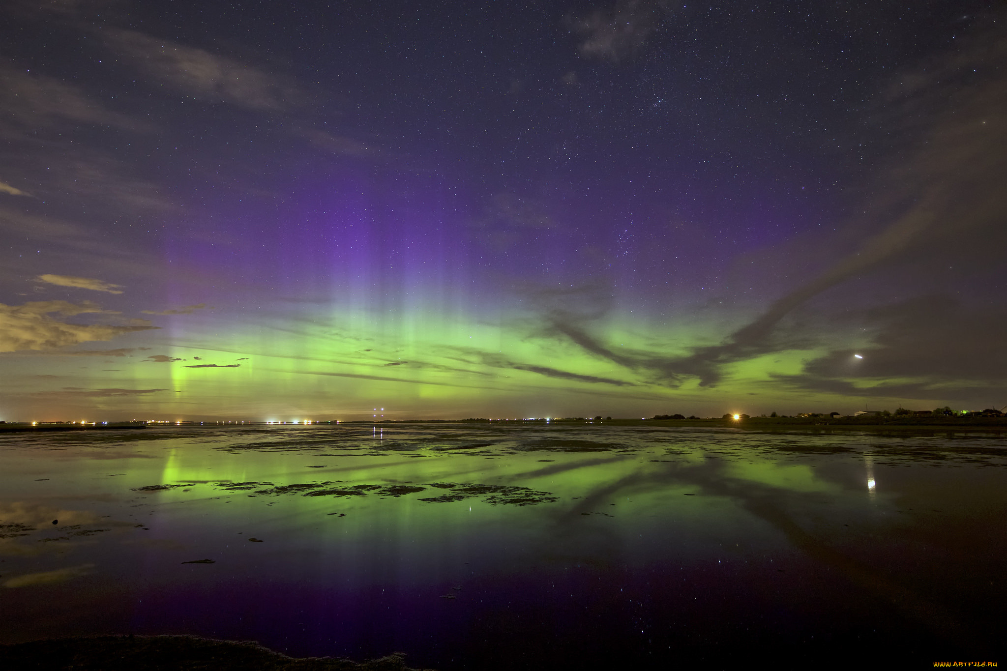природа, северное, сияние, отражение, небо, звезды, северное, сияние, вечер