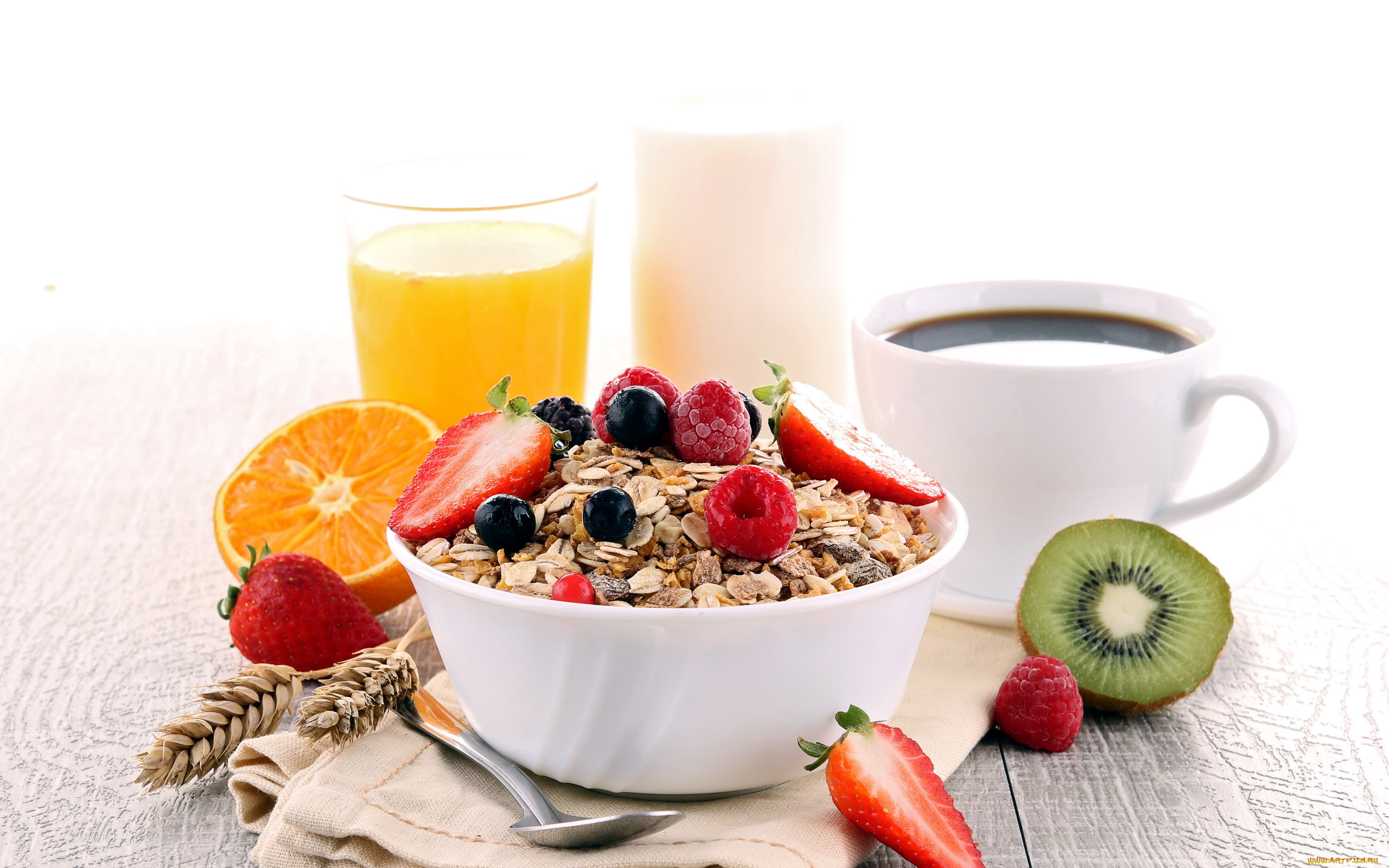 еда, мюсли, , хлопья, малина, клубника, апельсин, киви