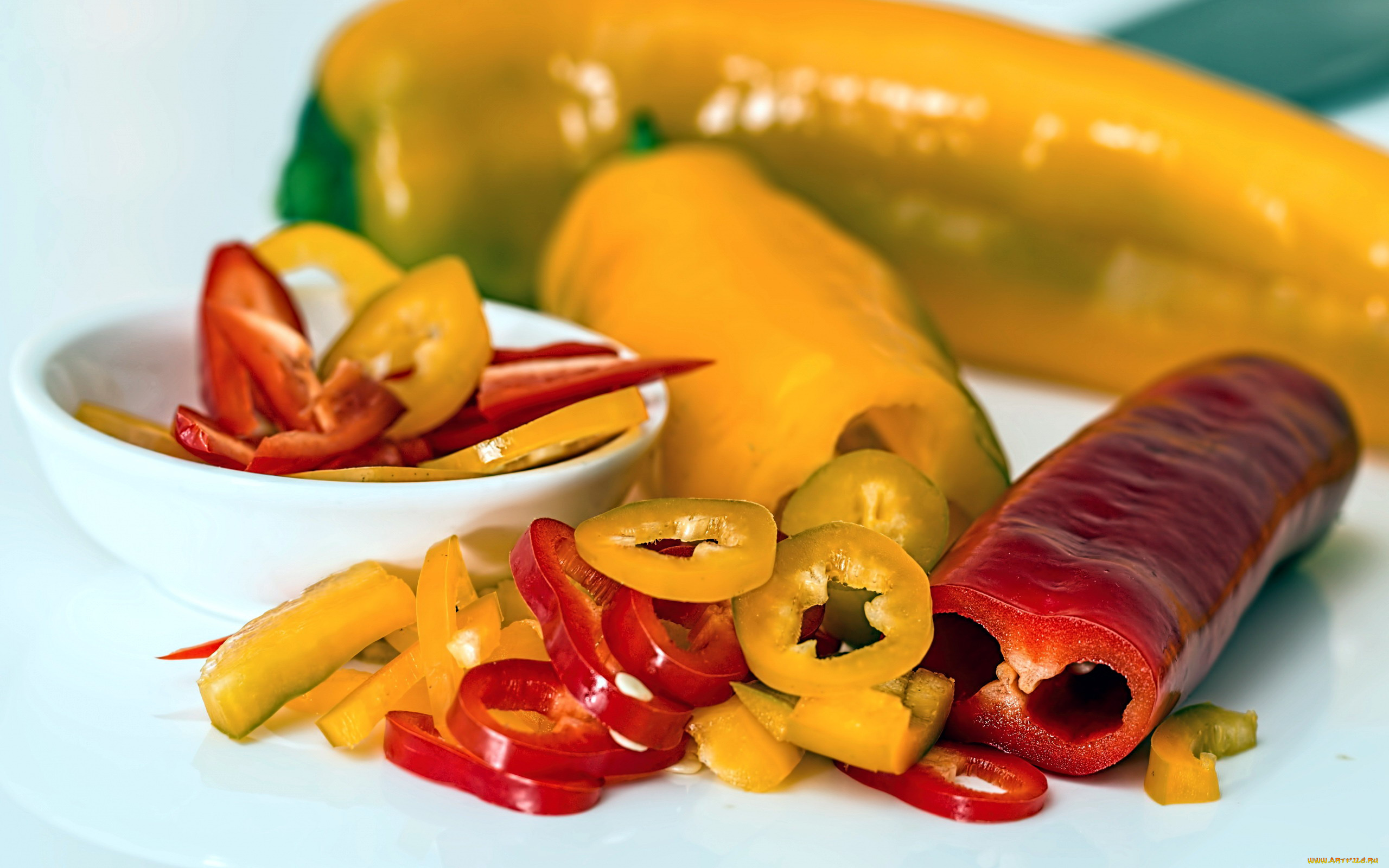 еда, перец, колечки, желтый, красный, стручки