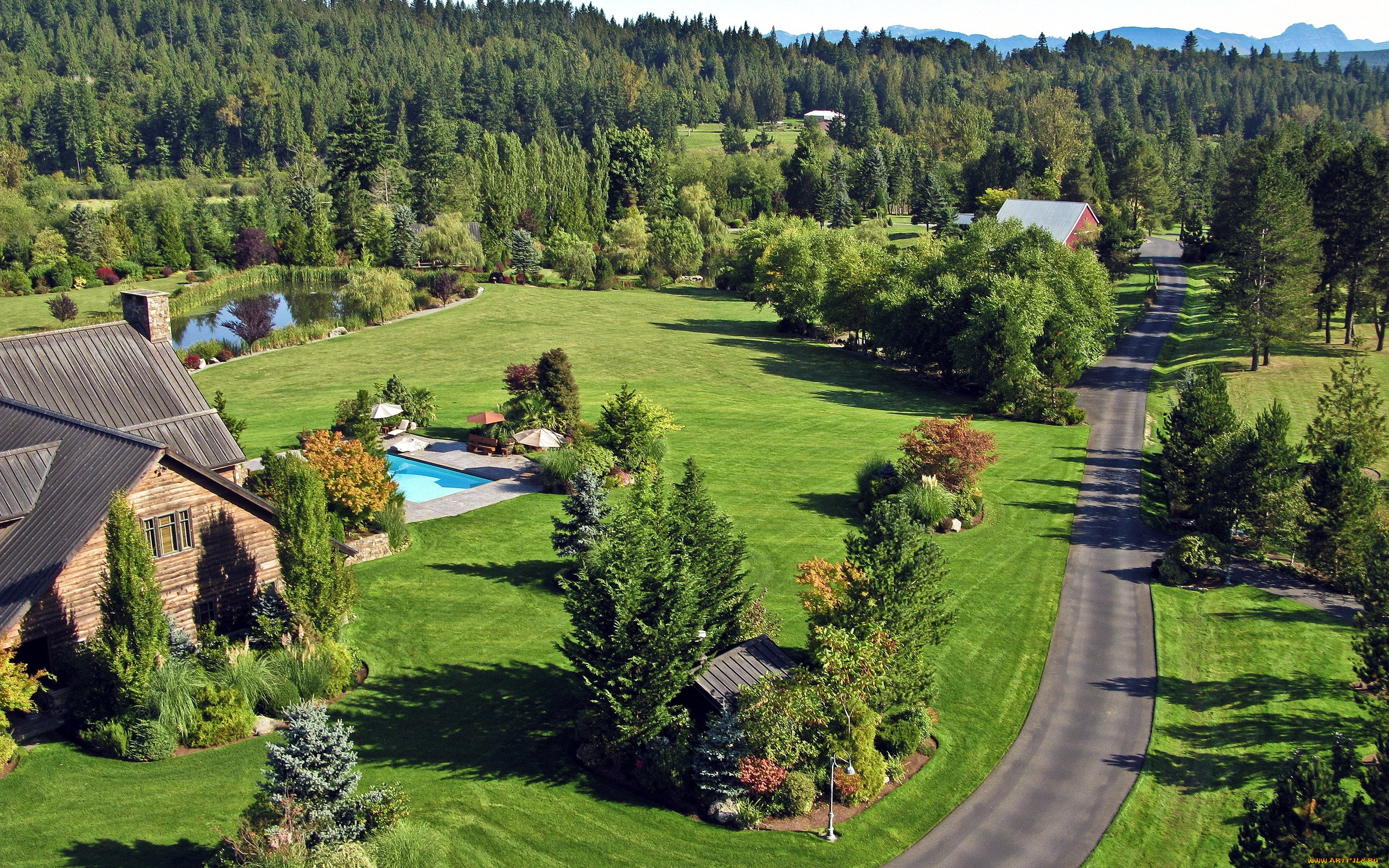 города, -, пейзажи, бассейн, деревья, дорога, дом, озеро