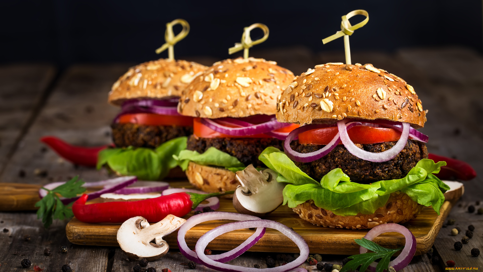 еда, бутерброды, , гамбургеры, , канапе, грибы, перец, салат, лук, булка, гамбургер