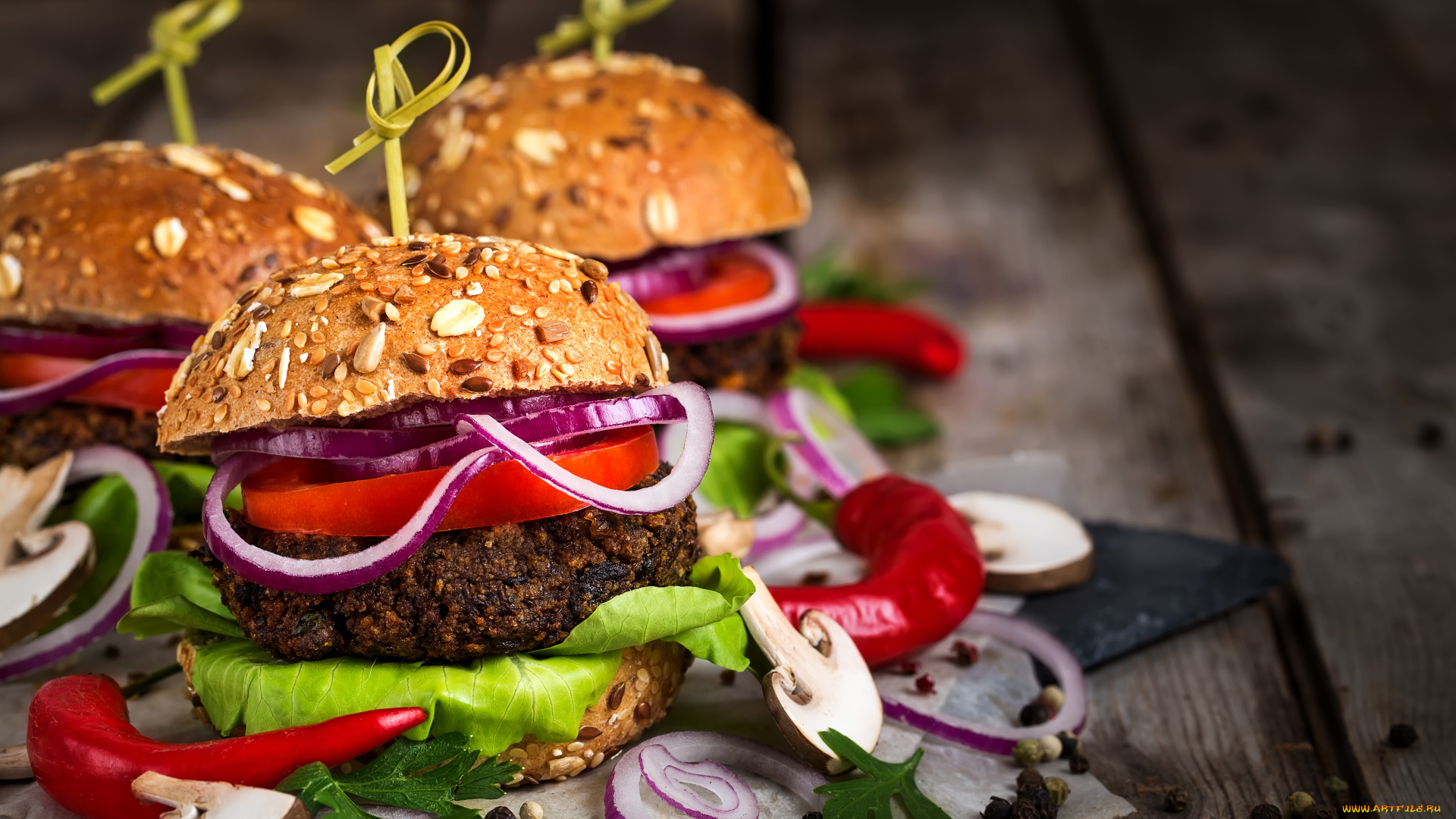 еда, бутерброды, , гамбургеры, , канапе, лук, гамбургер, перец, грибы, салат, булка