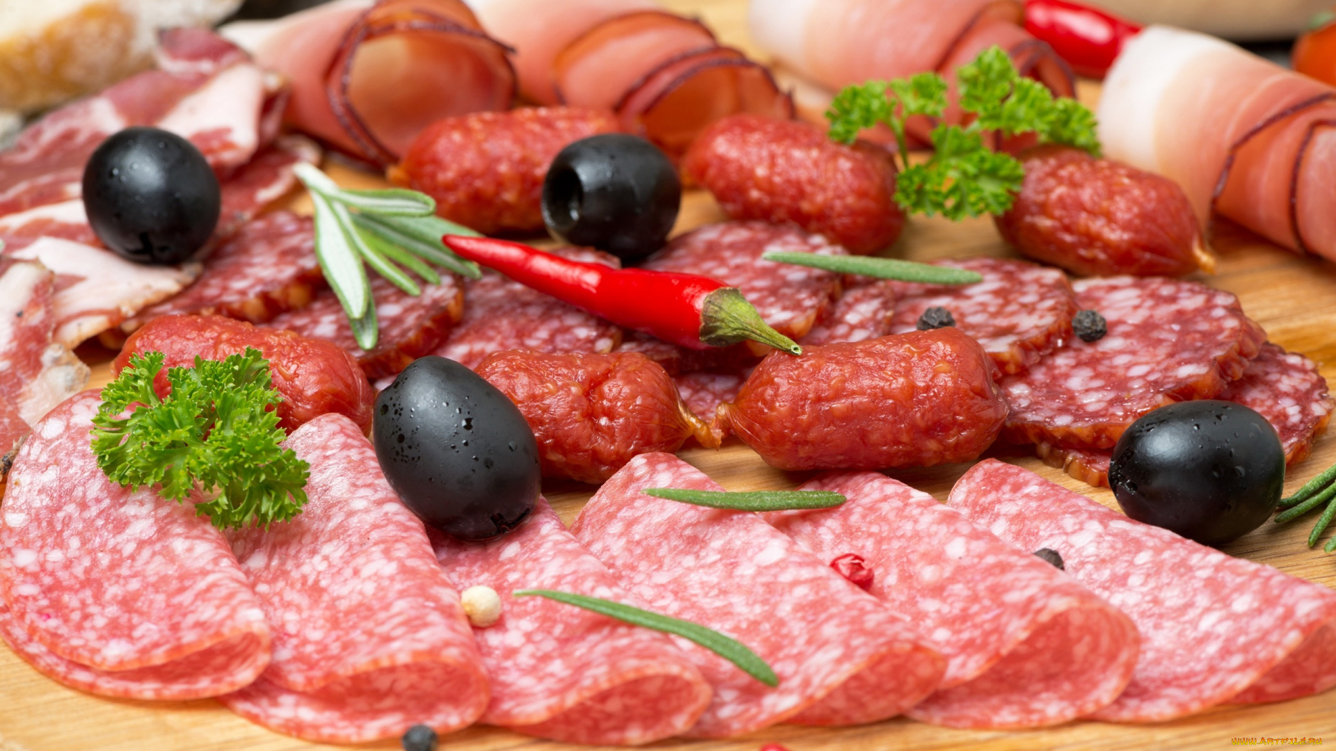 еда, колбасные, изделия, бекон, оливки, meat, зелень, sausage, колбаса