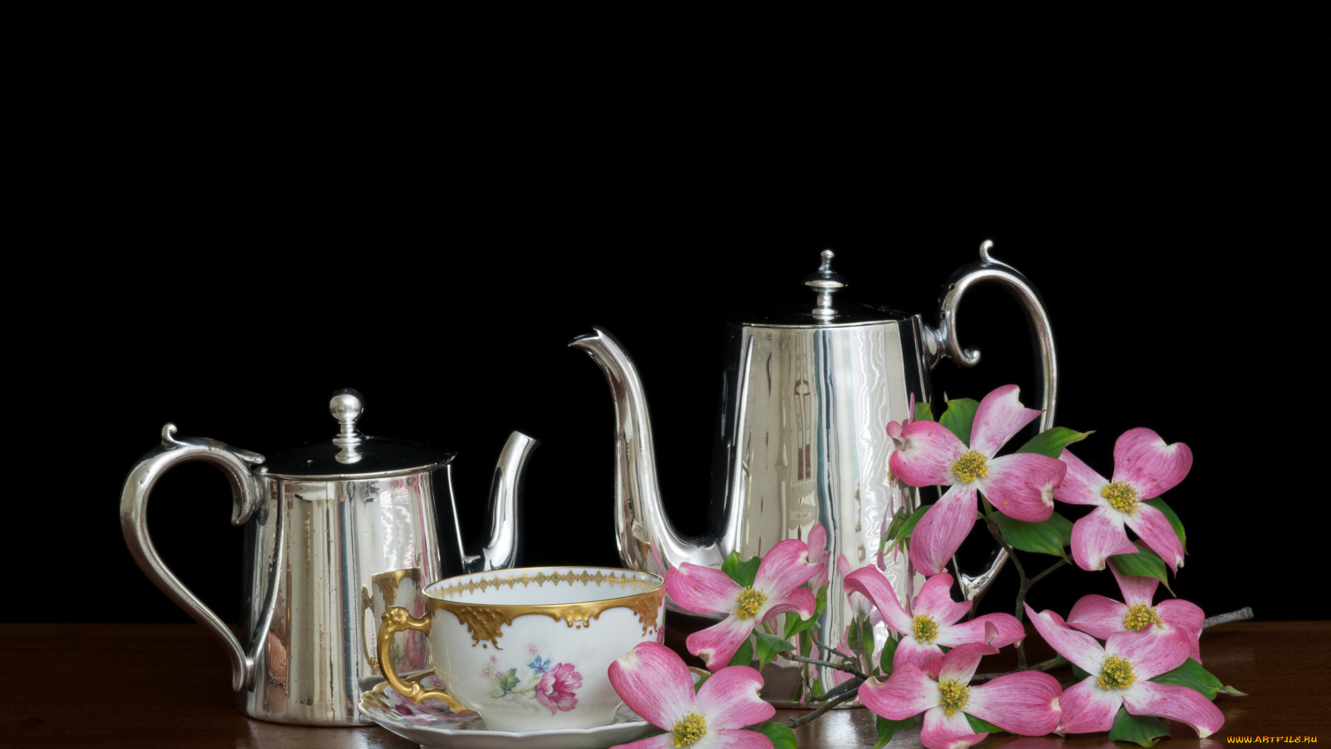 еда, натюрморт, на, черном, фоне, столе, Чайники, с, чашкой, цветами