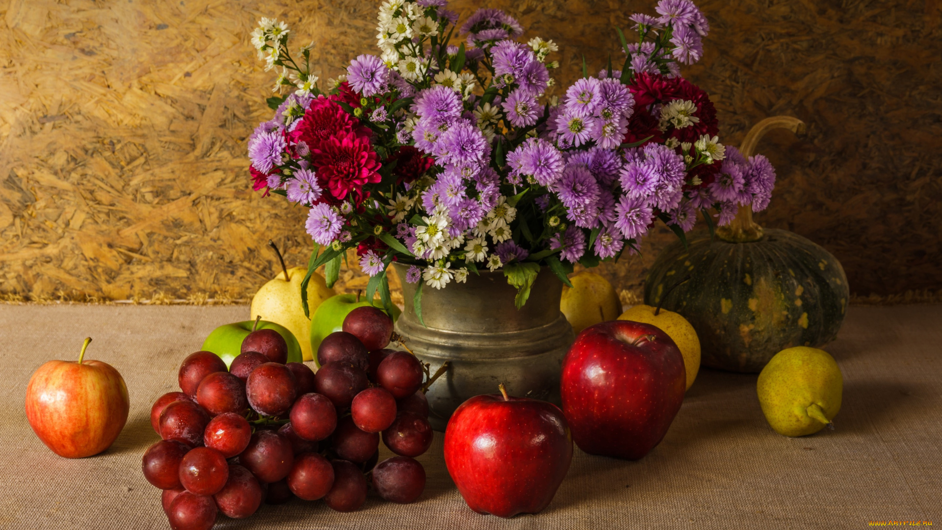 еда, натюрморт, vegetable, still, life, flowers, grapes, fruit, груши, овощи, фрукты, тыква, виноград, букет, яблоки, цветы