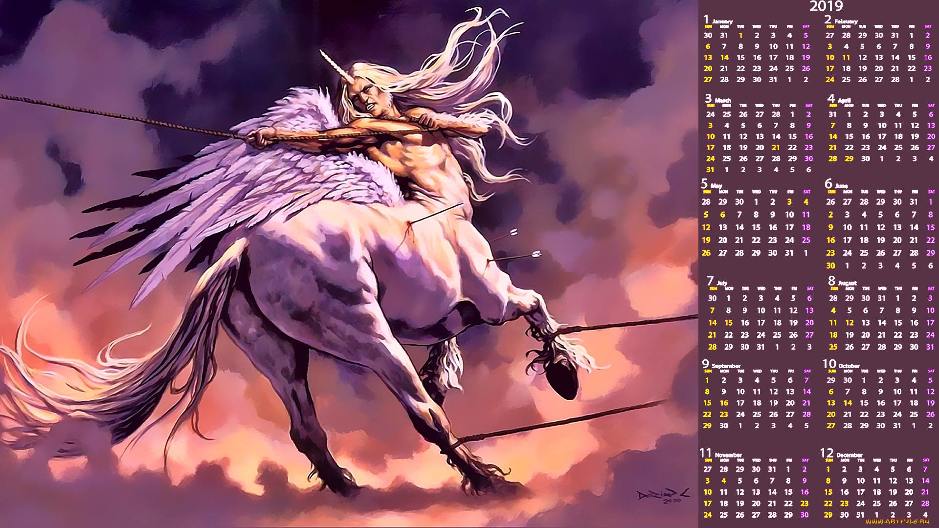 календари, фэнтези, единорог, рана, стрела, крылья