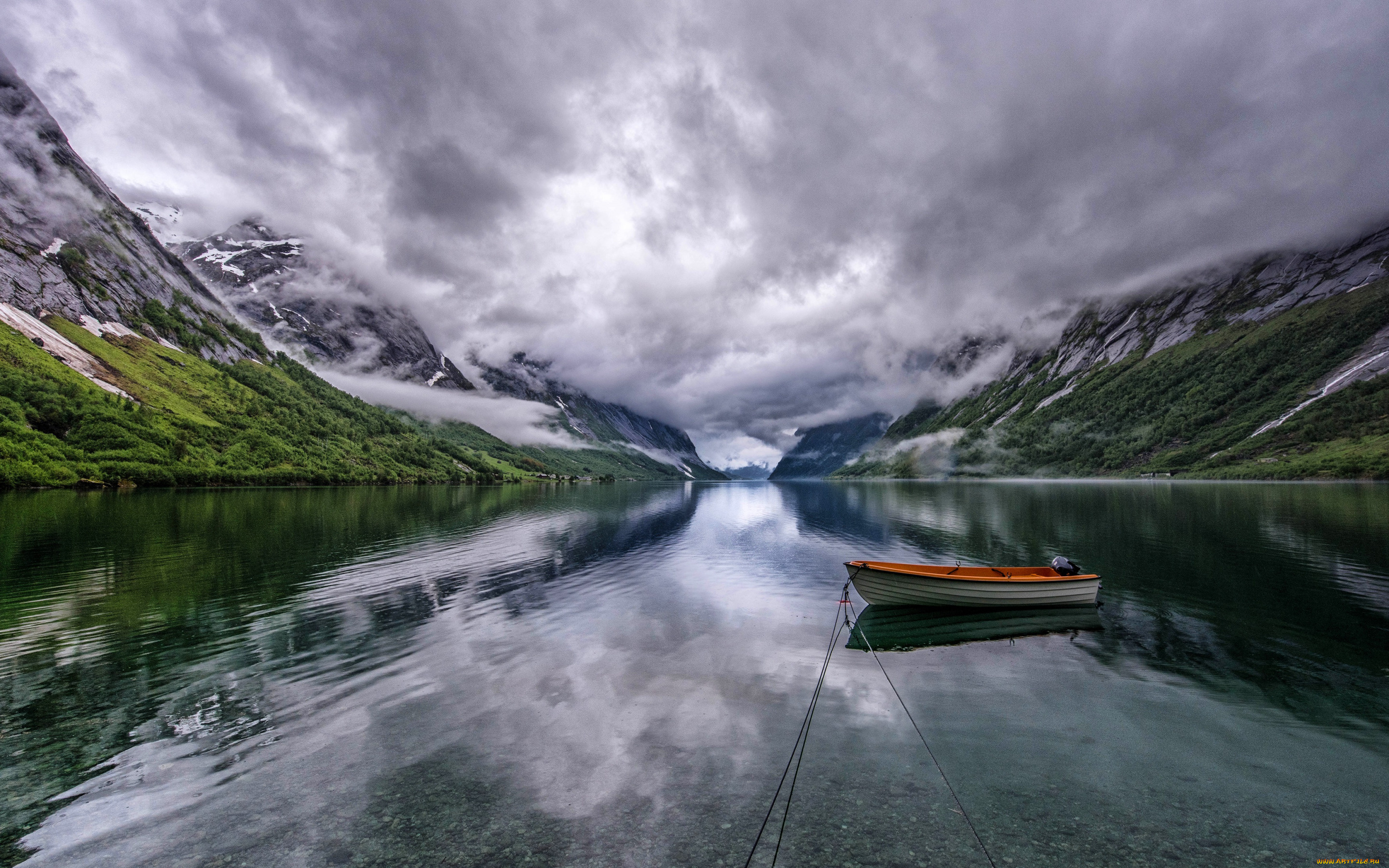 корабли, лодки, , шлюпки, берега, облака, лодочка, горы, пасмурно, лодка, водоем