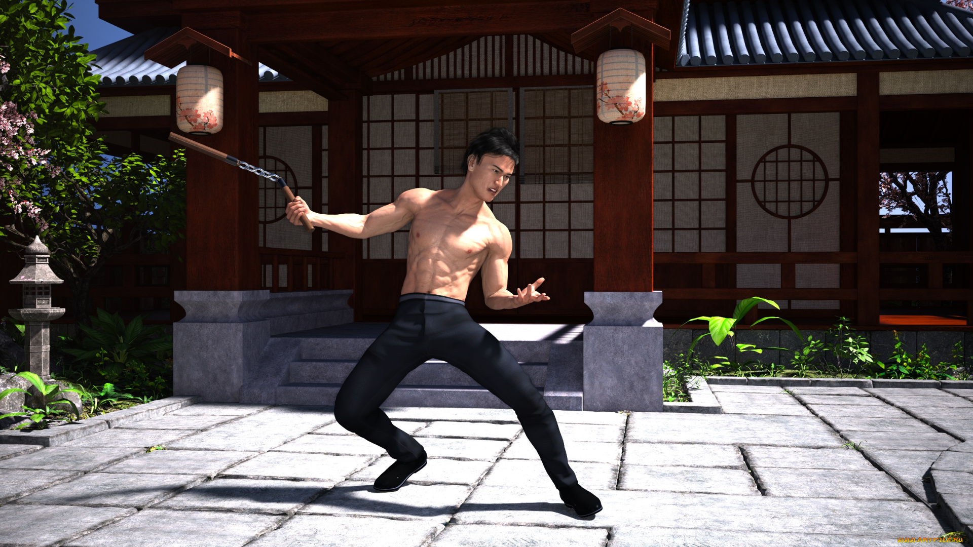 3д, графика, фантазия, , fantasy, мужчина, фон, торс, нун-чаки