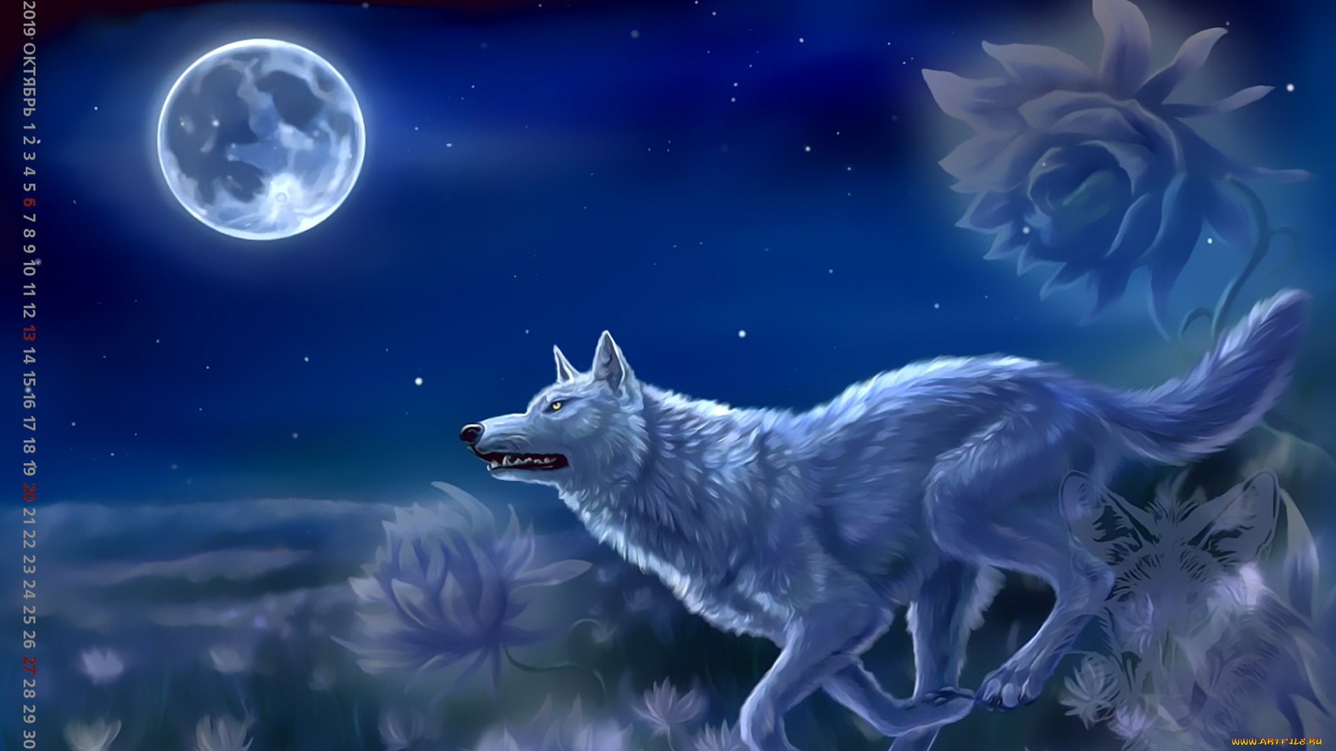 календари, рисованные, , векторная, графика, 2019, calendar, цветы, ночь, луна, волк, животное