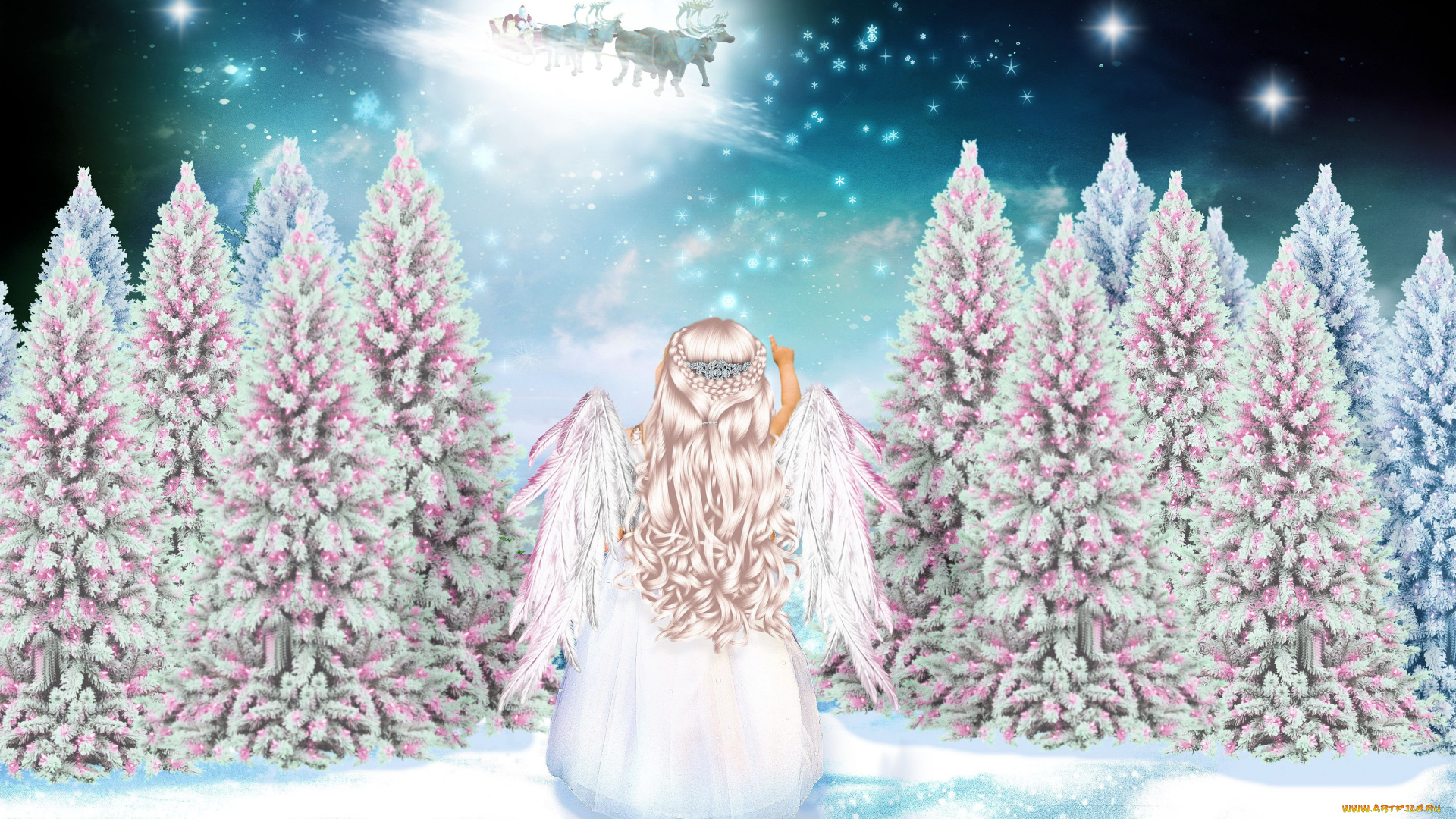 праздничные, -, разное, , новый, год, девочка, ели, снег, олени