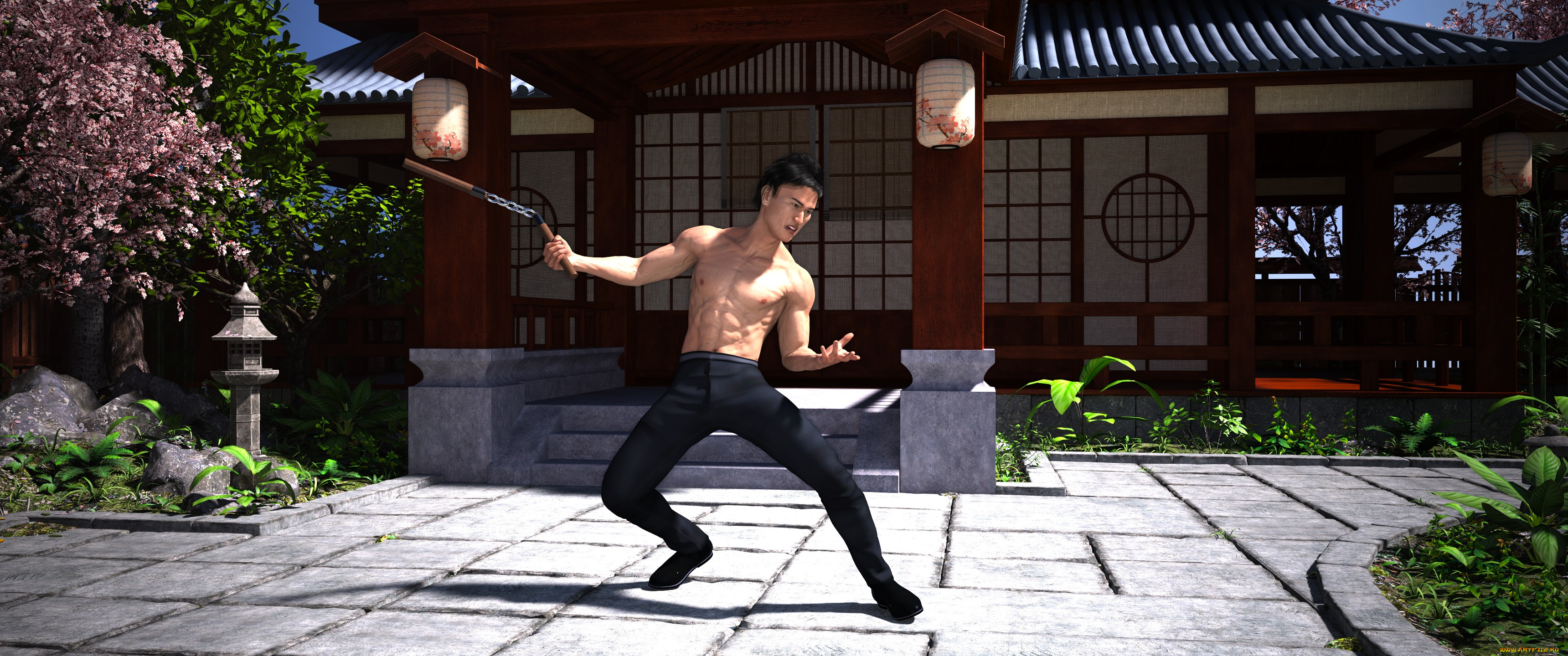 3д, графика, фантазия, , fantasy, мужчина, фон, торс, нун-чаки