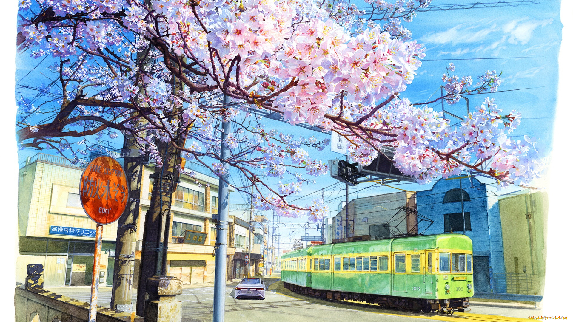 рисованное, города, город, дома, улица, транспорт, сакура