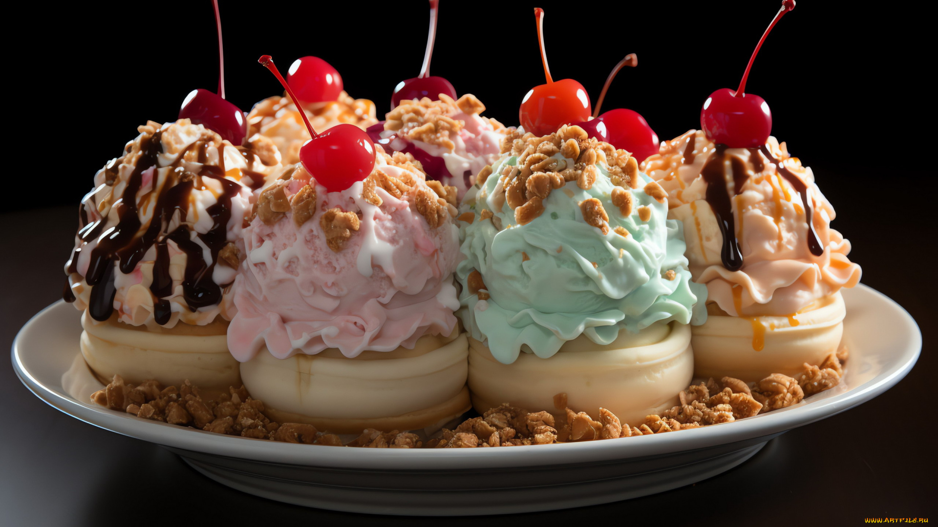 еда, мороженое, , десерты, вишни, ассорти, сироп