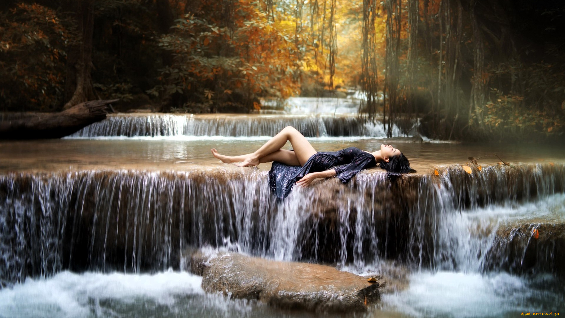 девушки, -, азиатки, брюнетка, платье, лес, водопады, камень