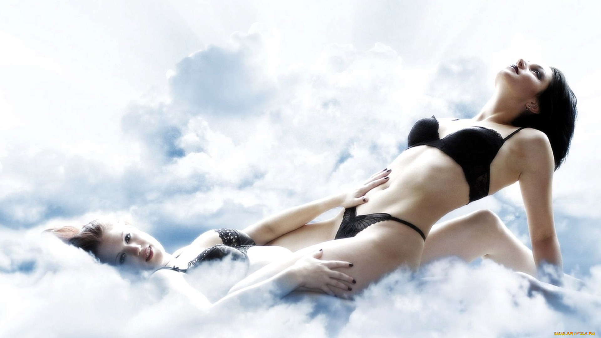 девушки, -, брюнетки, , шатенки, подруги, шатенки, белье, облака