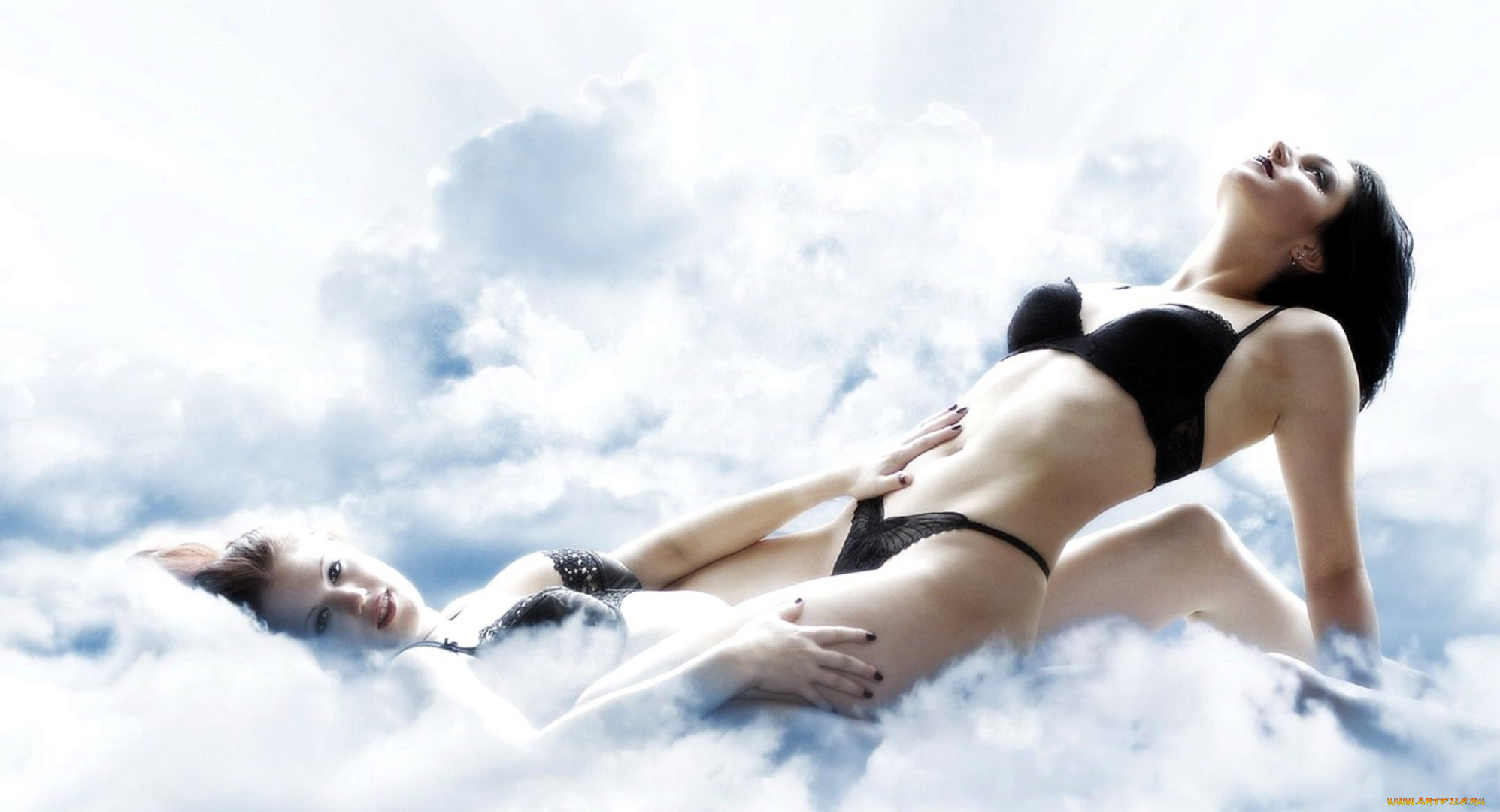 девушки, -, брюнетки, , шатенки, подруги, шатенки, белье, облака