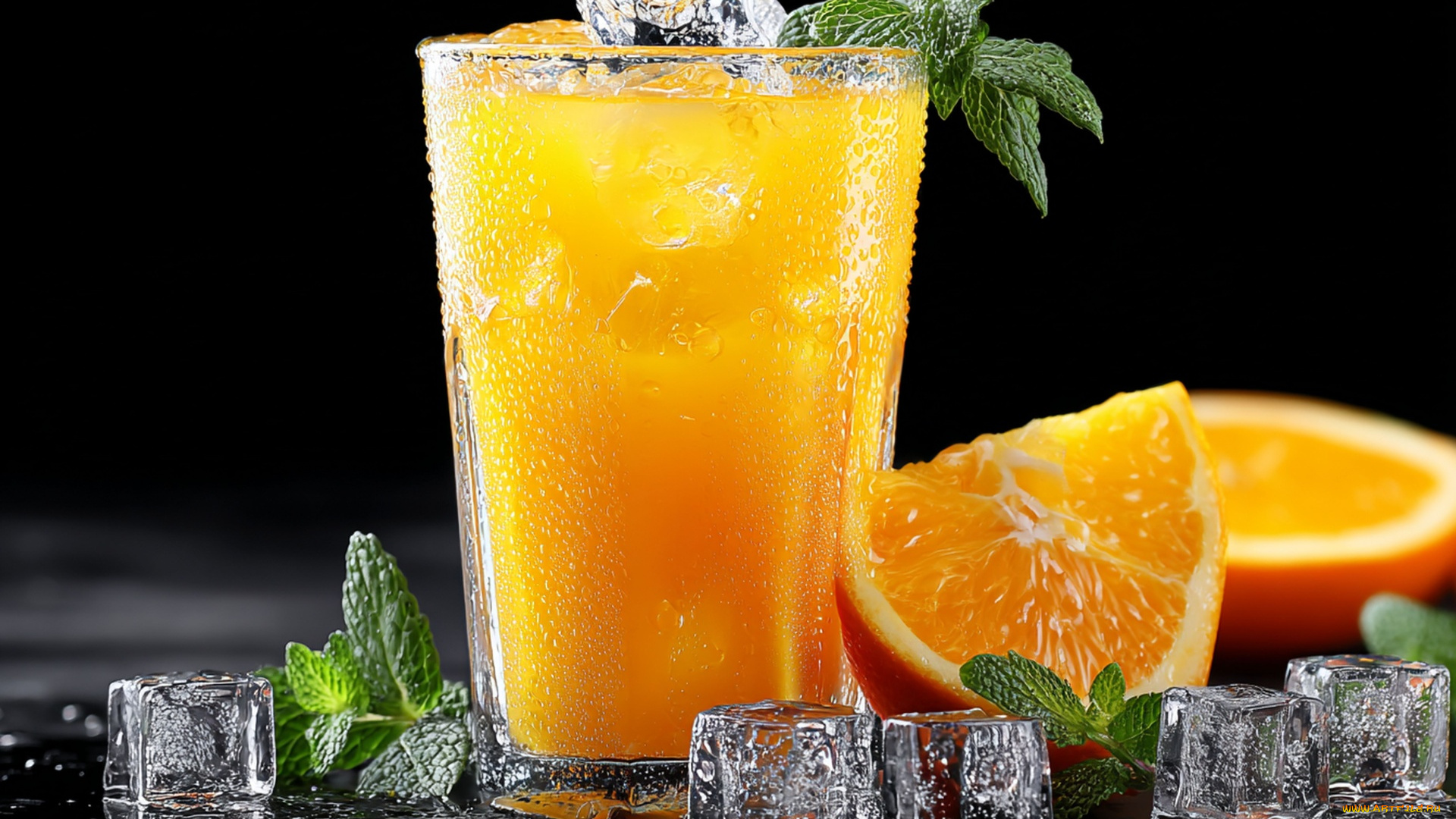 3д, графика, еда-, food, стакан, сок, апельсин, мята, лед