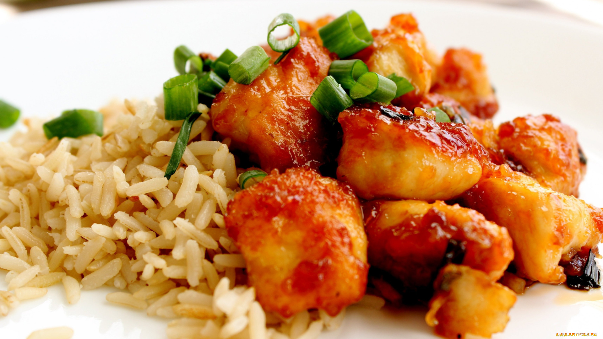 еда, мясные, блюда, рис, мясные, кусочки, зеленый, лук