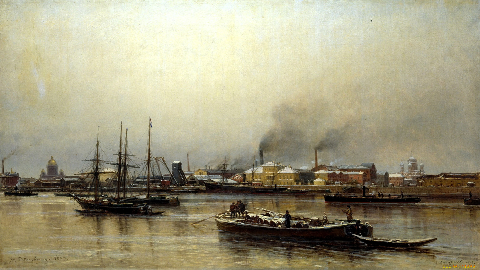 рисованное, александр, беггров, река, корабли, берег, дома