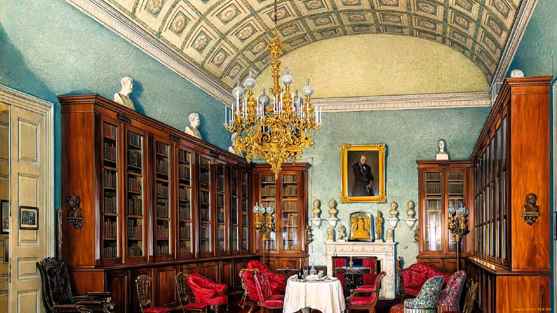 рисованное, эдуард, гау, дворец, интерьер, комната, свод, лепнина, люстра, стулья, столы, ковер, кресла, картины, шкафы