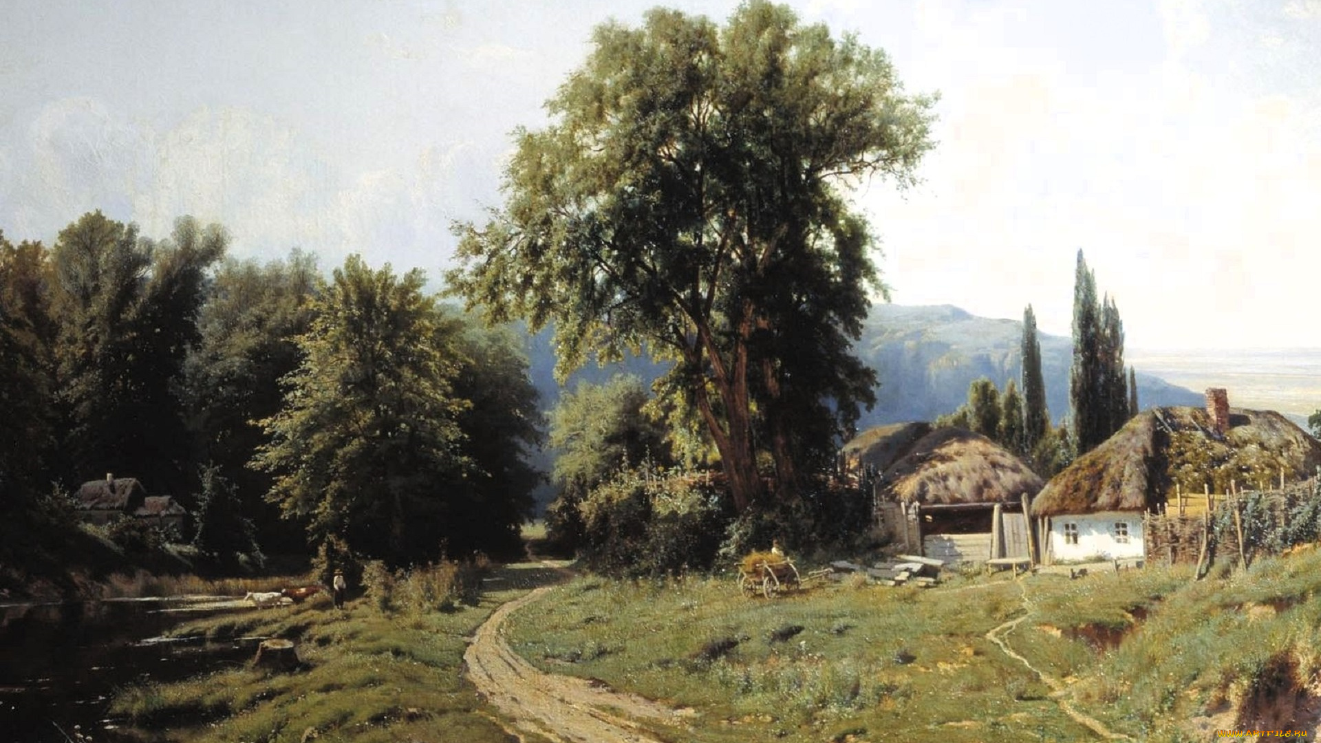 рисованное, константин, крыжицкий, деревья, река, дорога, дома, горы