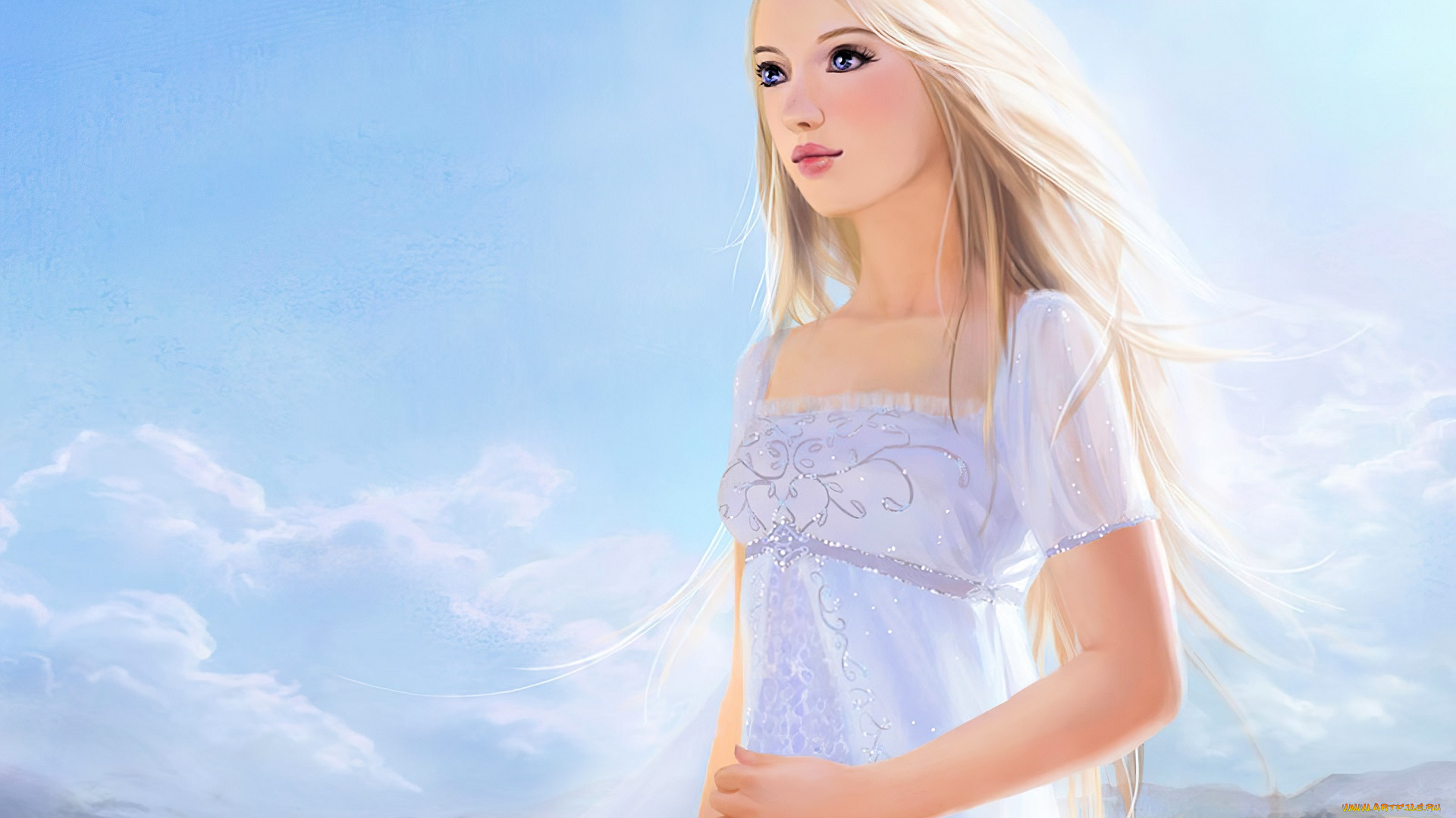 рисованное, люди, девушка, платье, облака, горы