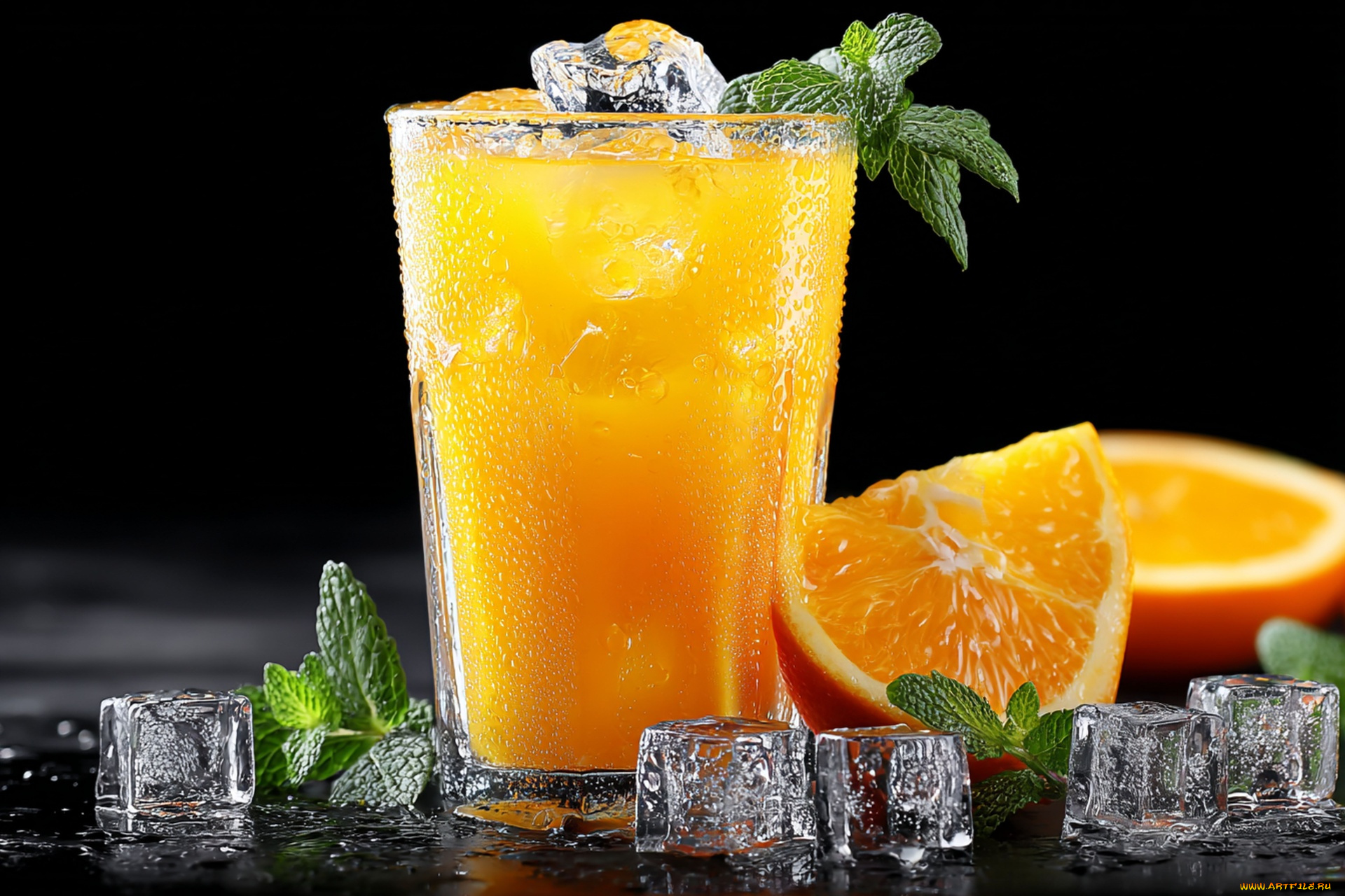 3д, графика, еда-, food, стакан, сок, апельсин, мята, лед