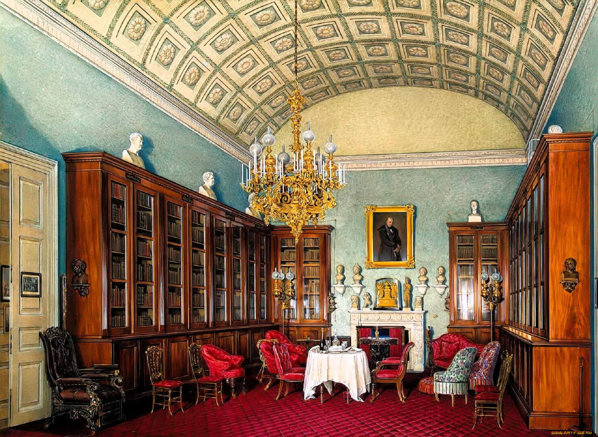 рисованное, эдуард, гау, дворец, интерьер, комната, свод, лепнина, люстра, стулья, столы, ковер, кресла, картины, шкафы