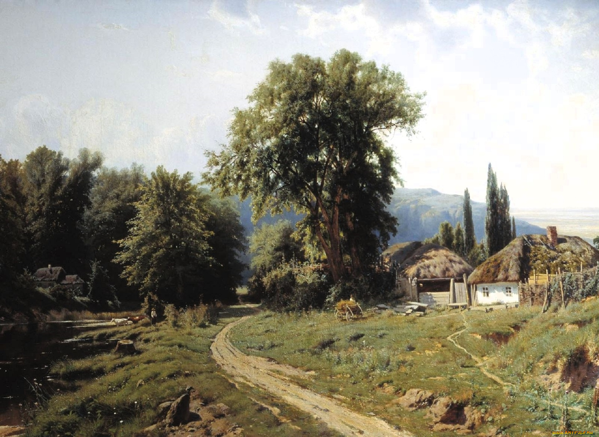 рисованное, константин, крыжицкий, деревья, река, дорога, дома, горы