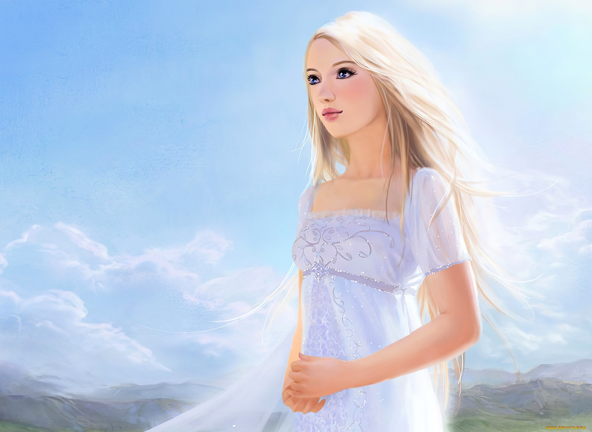рисованное, люди, девушка, платье, облака, горы
