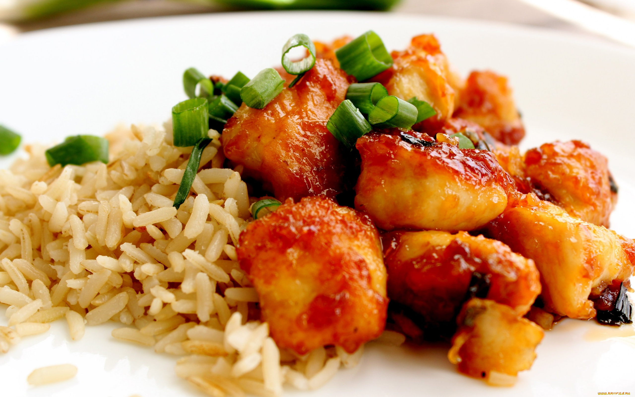 еда, мясные, блюда, рис, мясные, кусочки, зеленый, лук