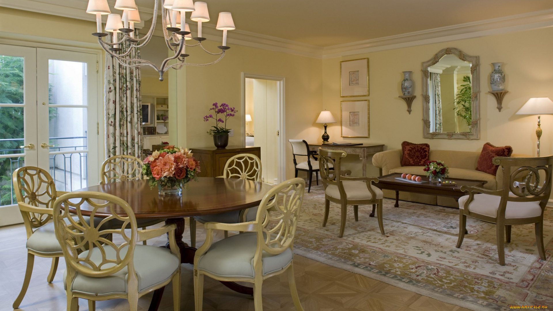 интерьер, гостиная, столы, стулья, диван