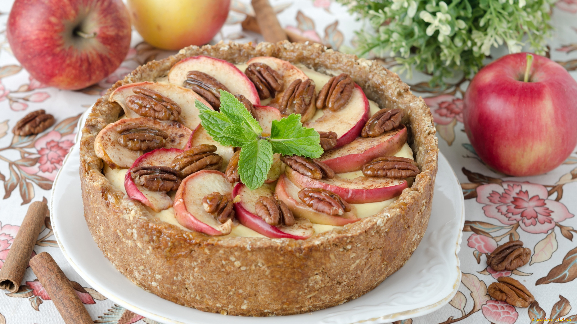 еда, пироги, яблоки, мята, корица, орехи, пекан, яблочный, пирог