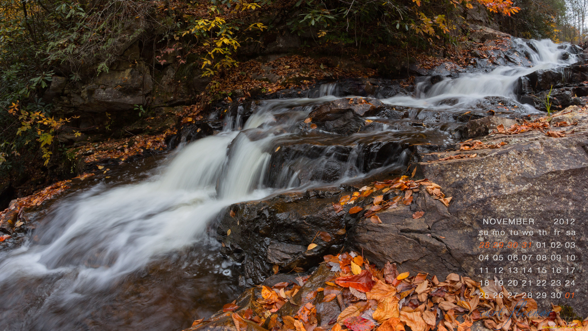 календари, природа, листья, река, поток, камни