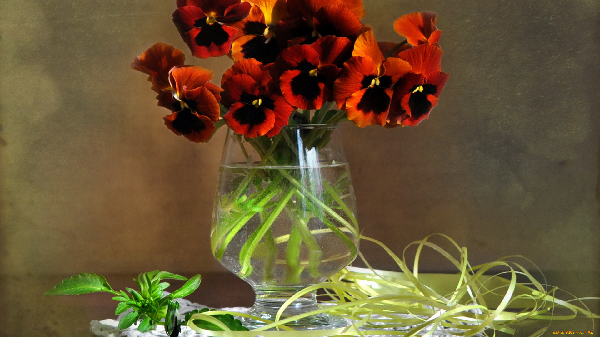 цветы, анютины, глазки, садовые, фиалки, бокал, букетик, виола