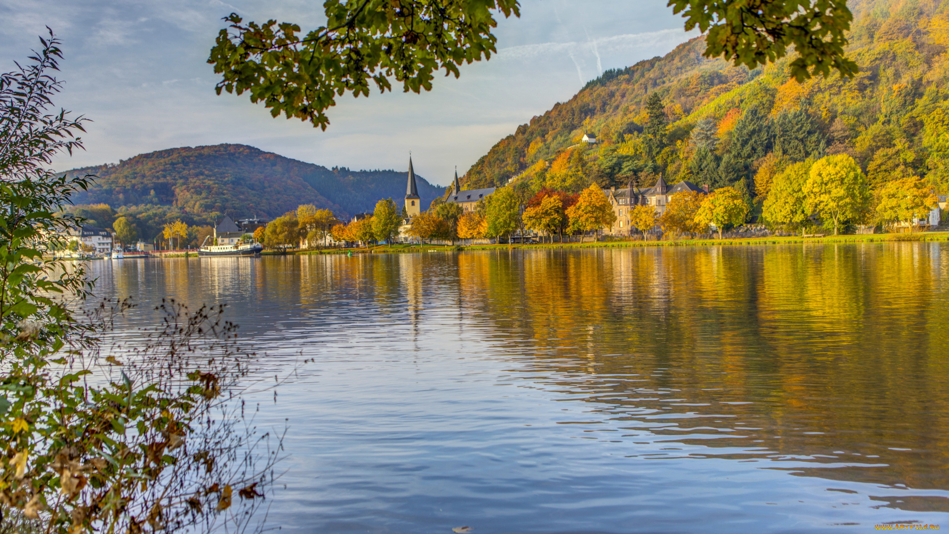 германия, буллай, города, пейзажи, дома, река, горы, пейзаж