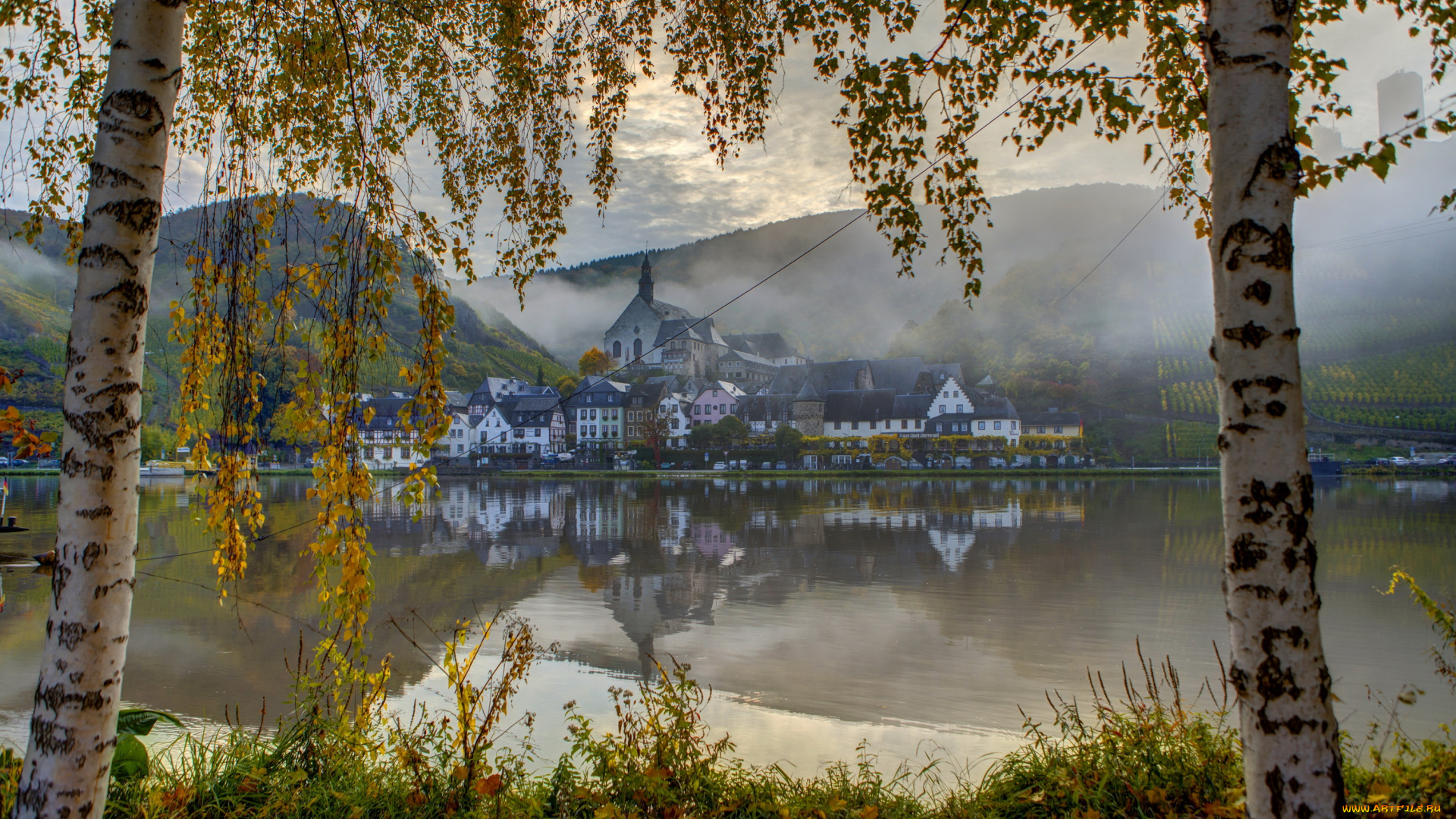 германия, элленц, польтерсдорф, города, пейзажи, дома, река, осень, туман