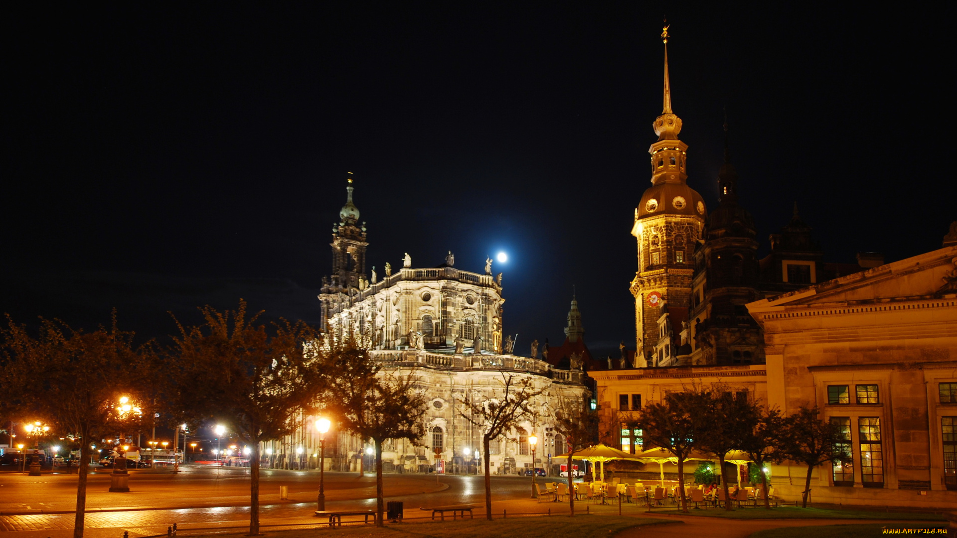 германия, саксония, дрезден, города, площадь, ночь, огни, дома, кирха