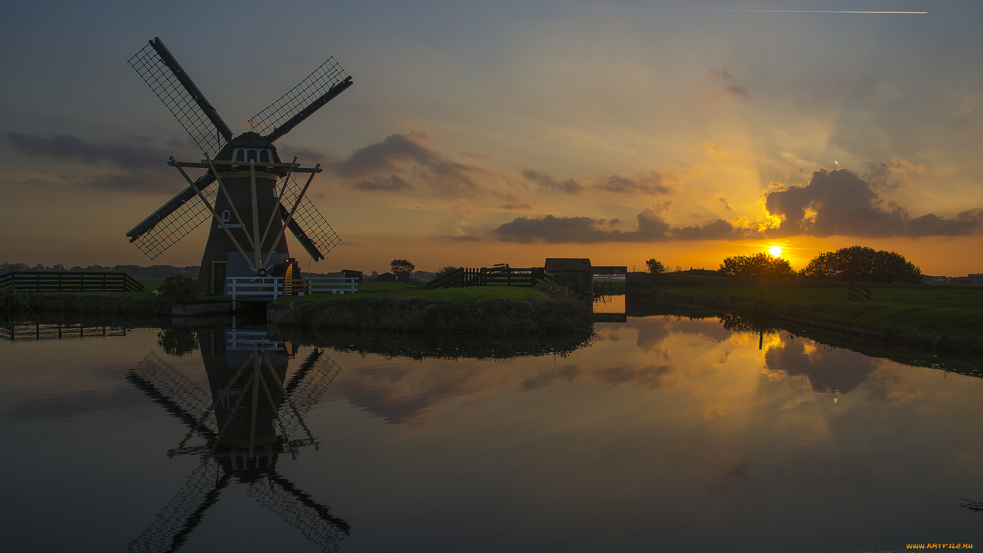 разное, мельницы, ветряк, мельница, закат, озеро